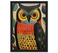 Artery8 Folk Art Geometric Owl Boho Colours Yellow Coral Green Bold but Subtle Artwork Framed A3 Wall Art Print