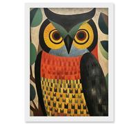 Artery8 Folk Art Geometric Owl Boho Colours Yellow Coral Green Bold but Subtle Artwork Framed Wall Art Print A4