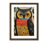 Artery8 Folk Art Geometric Owl Boho Colours Yellow Coral Green Bold but Subtle Artwork Framed Wall Art Print 18X24 Inch