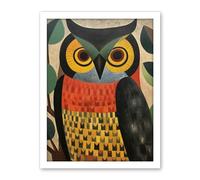 Artery8 Folk Art Geometric Owl Boho Colours Yellow Coral Green Bold but Subtle Artwork Framed Wall Art Print 18X24 Inch