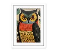 Artery8 Folk Art Geometric Owl Boho Colours Yellow Coral Green Bold but Subtle Artwork Framed Wall Art Print 18X24 Inch
