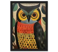 Artery8 Folk Art Geometric Owl Boho Colours Yellow Coral Green Bold but Subtle Artwork Framed Wall Art Print A4
