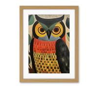 Artery8 Folk Art Geometric Owl Boho Colours Yellow Coral Green Bold but Subtle Artwork Framed Wall Art Print 18X24 Inch