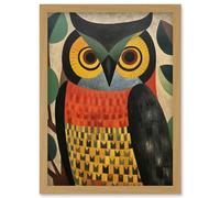 Artery8 Folk Art Geometric Owl Boho Colours Yellow Coral Green Bold but Subtle Artwork Framed Wall Art Print A4