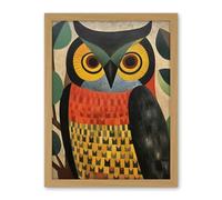 Artery8 Folk Art Geometric Owl Boho Colours Yellow Coral Green Bold but Subtle Artwork Framed Wall Art Print 18X24 Inch
