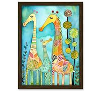 Artery8 Folk Art Giraffes Fun Cute Kids Bedroom Painting Artwork Framed A3 Wall Art Print