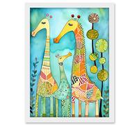 Artery8 Folk Art Giraffes Fun Cute Kids Bedroom Painting Artwork Framed A3 Wall Art Print
