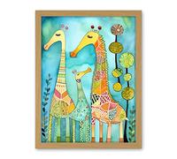 Artery8 Folk Art Giraffes Fun Cute Kids Bedroom Painting Artwork Framed Wall Art Print 18X24 Inch