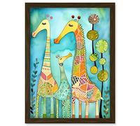 Artery8 Folk Art Giraffes Fun Cute Kids Bedroom Painting Artwork Framed Wall Art Print A4