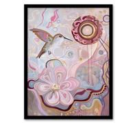 Artery8 Folk Art Hummingbird with Pink Abstract Flowers Living Room Artwork Framed Wall Art Print A4
