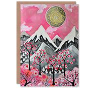Artery8 Greeting Card Folk Art Mountain Range Sunset Cherry Blossom Blank For Him Or Her Art Birthday Card
