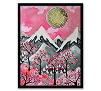 Artery8 Folk Art Mountain Range Sunset Cherry Blossom Living Room Artwork Framed Wall Art Print A4