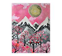 Folk Art Mountain Range Sunset Cherry Blossom Wall Art Print Artery8 Pink W24 inch x H32 inch