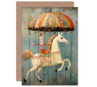 Artery8 Folk Art Whimsical Carousel Fairground Child Children Kids Birthday Thank You Congratulations Blank Art Greeting Card