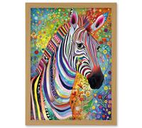 Artery8 Folk Art Zebra Colourful Flower Boho Artwork Framed Wall Art Print A4 in Light Oak Artery8 Light Oak