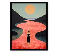 Artery8 Follow the Pink River Surreal Oil Painting Lonely Woman in Coastal Sunrise Landscape Artwork Framed Wall Art Print A4