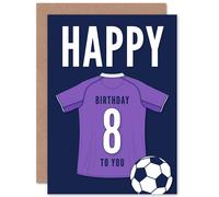 Artery8 Soccer Football 8th Birthday Card for Boys Girls Purple Jersey Football Top on Dark Blue Background
