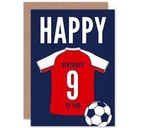 Artery8 Football Fan 9th Happy Birthday Card for Boys Girls Red White Jersey Football Top on Dark Blue Background Artery8 Multicolor