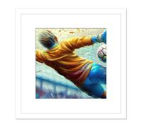 Artery8 Football Soccer Goalkeeper Save Dive Action Shot Yellow Blue Sport Painting Square Wooden Framed Wall Art Print Picture 8X8 Inch in White Artery8 White