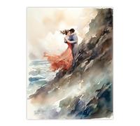 Artery8 Forbidden Love Watercolour Painting Couple Embrace In Dramatic Coastal Cliff Landscape Large Wall Art Poster Print Thick Paper 18X24 Inch