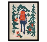 Forest Hiking Green Blue Orange Upcycle Painting Framed Art Print Artery8 Beige A4