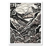 Artery8 Forest Mountain Landscape Black and White Linocut Art Print Framed Poster Wall Decor 12x16 inch