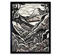 Artery8 Forest Mountain Landscape Black and White Linocut Art Print Framed Poster Wall Decor 12x16 inch