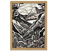 Artery8 Forest Mountain Landscape Black and White Linocut Artwork Framed A3 Wall Art Print