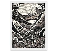 Artery8 Forest Mountain Landscape Black and White Linocut Artwork Framed A3 Wall Art Print