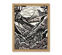 Artery8 Forest Mountain Landscape Black and White Linocut Artwork Framed Wall Art Print 18X24 Inch