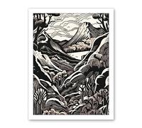 Artery8 Forest Mountain Landscape Black and White Linocut Artwork Framed Wall Art Print 18X24 Inch