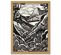 Artery8 Forest Mountain Landscape Black and White Linocut Artwork Framed Wall Art Print A4
