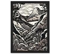 Artery8 Forest Mountain Landscape Black and White Linocut Artwork Framed Wall Art Print A4