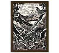 Artery8 Forest Mountain Landscape Black and White Linocut Artwork Framed Wall Art Print A4
