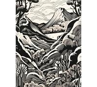 Artery8 Forest Mountain Landscape Black and White Linocut Extra Large XL Wall Art Poster Print