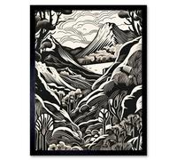Artery8 Forest Mountain Landscape Black And White Linocut Framed Wall Art Print