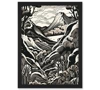 Artery8 Forest Mountain Landscape Black & White Linocut Artwork Framed Wall Art Print A4 Artery8 Black