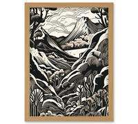 Artery8 Forest Mountain Landscape Black and White Linocut Artwork Framed Wall Art Print A4