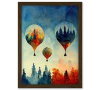 Artery8 Forest Reflections On Hot Air Balloons Watercolour Artwork Framed Wall Art Print A4 in Brown Artery8 Brown