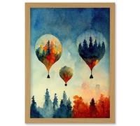 Doppelganger33 LTD Forest Reflections On Hot Air Balloons Watercolour Artwork Framed Wall Art Print A4