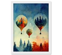 Artery8 Forest Reflections On Hot Air Balloons Watercolour Artwork Framed Wall Art Print A4 in White Artery8 White