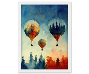 Artery8 Forest Reflections On Hot Air Balloons Watercolour Artwork Framed Wall Art Print A4 in White Artery8 White