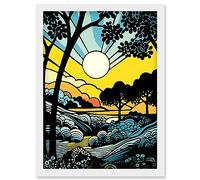 Artery8 Forest Sunrise Landscape Sun Rays Patterns Blue Orange Pop Art Comic Book Halftone Artwork Framed Wall Art Print A4