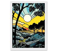 Artery8 Forest Sunrise Landscape Sun Rays Patterns Blue Orange Pop Art Comic Book Halftone Artwork Framed A3 Wall Art Print