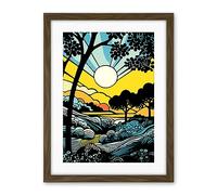Artery8 Forest Sunrise Landscape Sun Rays Patterns Blue Orange Pop Art Comic Book Halftone Artwork Framed Wall Art Print 18X24 Inch