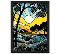 Artery8 Forest Sunrise Landscape Sun Rays Patterns Blue Orange Pop Art Comic Book Halftone Artwork Framed A3 Wall Art Print