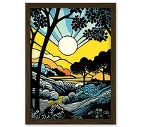 Artery8 Forest Sunrise Landscape Sun Rays Patterns Blue Orange Pop Art Comic Book Halftone Artwork Framed Wall Art Print A4