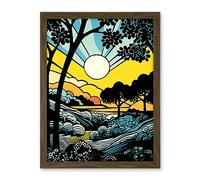 Artery8 Forest Sunrise Landscape Sun Rays Patterns Blue Orange Pop Art Comic Book Halftone Artwork Framed Wall Art Print 18X24 Inch
