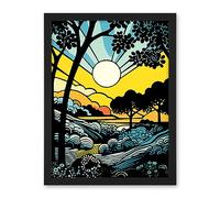 Artery8 Forest Sunrise Landscape Sun Rays Patterns Blue Orange Pop Art Comic Book Halftone Artwork Framed Wall Art Print 18X24 Inch