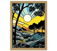 Artery8 Forest Sunrise Landscape Sun Rays Patterns Blue Orange Pop Art Comic Book Halftone Artwork Framed A3 Wall Art Print